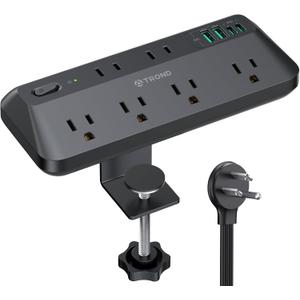 TROND 20W USB C Desk Clamp Power Strip - 1700J Surge Protector with 6 Outlets, Desktop Edge Mount Extension Cord, Fit 1.97" Tabletop, 6FT Flat Plug for Teacher Must Haves, Office, ETL List, Black