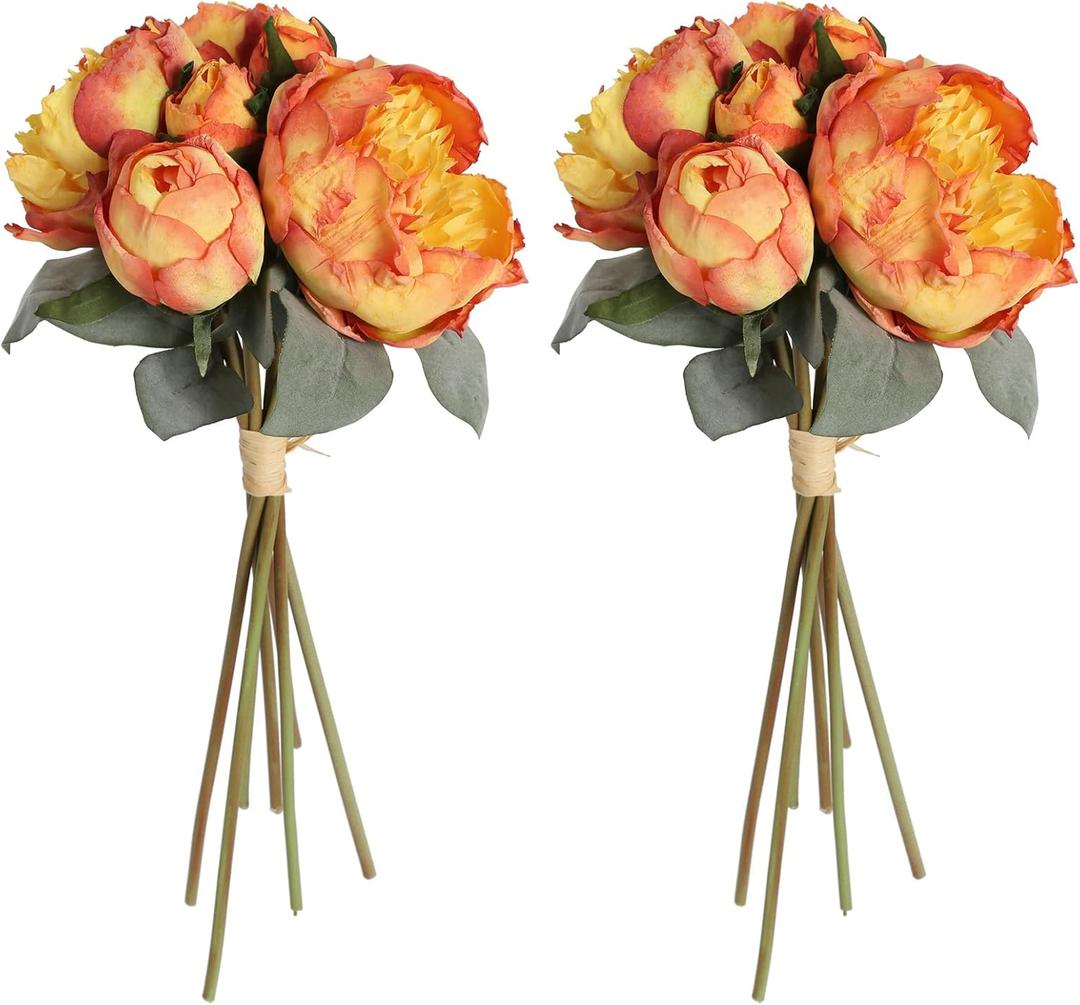 Fake Peonies 2 Bouquets Vintage Silk Peonies Flower 14 Heads Orange Artificial Flowers with Stems for Terracota Wedding Decoration Flowers Crafts Floral Arrangement (Orange)