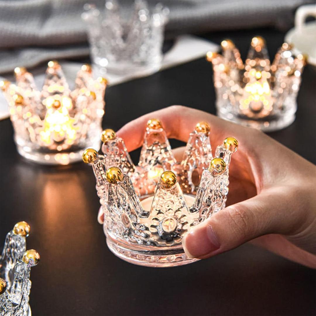 6 Pack Votive Candle Holders, Crown Glass Tealight Candle Holder for Wedding, Party, Home Decoration, Jewelry Storage Tray