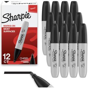 Sharpie Permanent Markers, Chisel Tip, Black, 12 Count - Home, School, Office Supplies