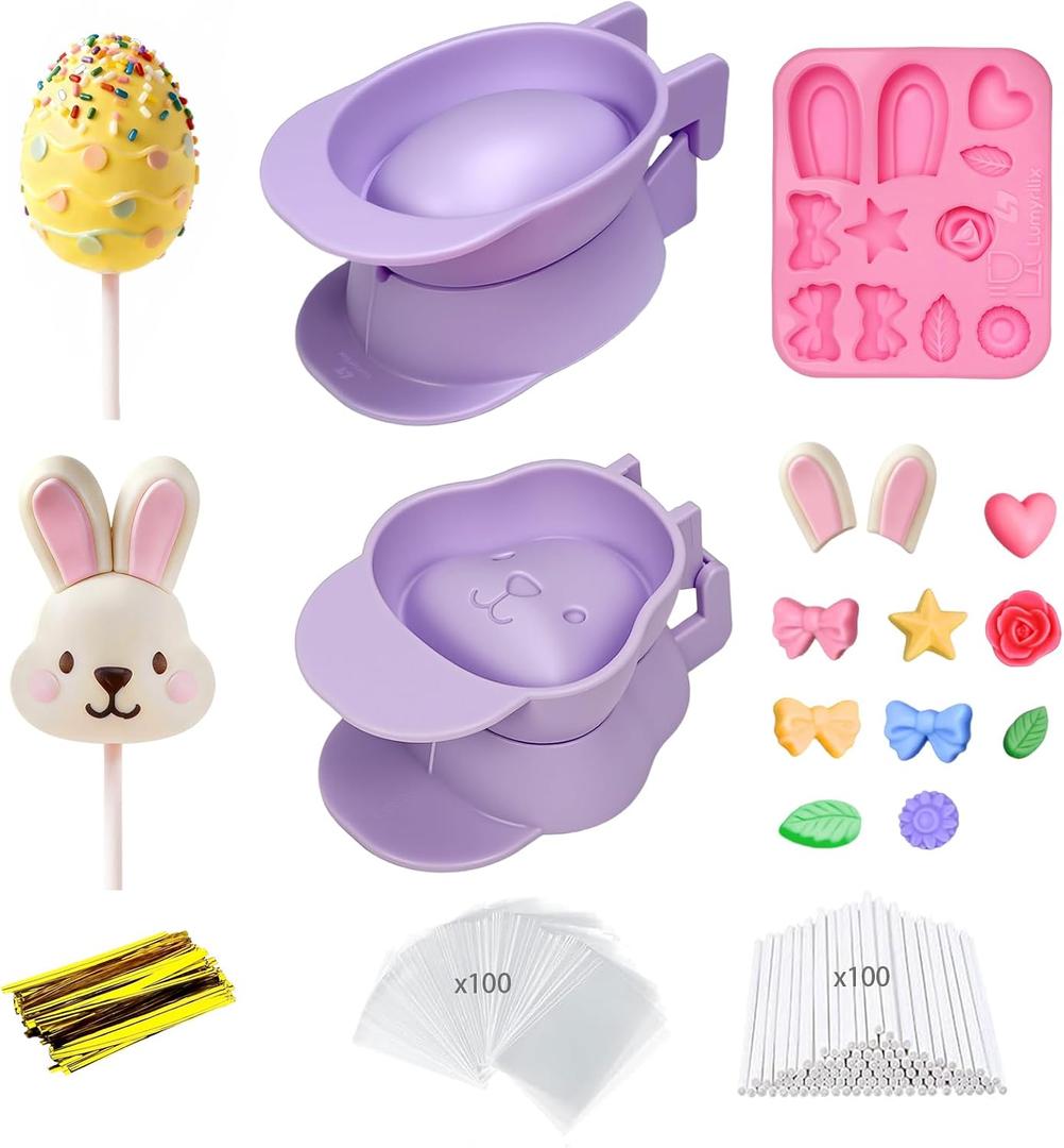 2 Pcs Easter Cake Pop Molds with 100 Sticks & Silicone Fondant Mold,Bunny&Egg shaped Cake Pop Mold | Non-3D Printed | Dishwasher Safe | Baking Molds for Family Holiday Desserts