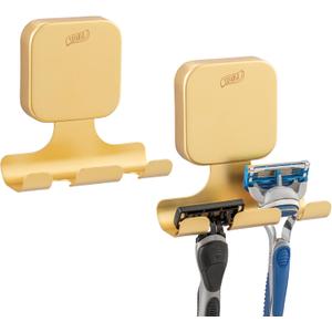 TAILI Powerful Suction Cup Razor Holder 2 Pack, Stylish 304 Stainless Steel Bathroom Suction Hooks for Towel, Loofah, Bathrobe, Shaver Holder for Shower Wall, Easy to Install and Reuse, Gold