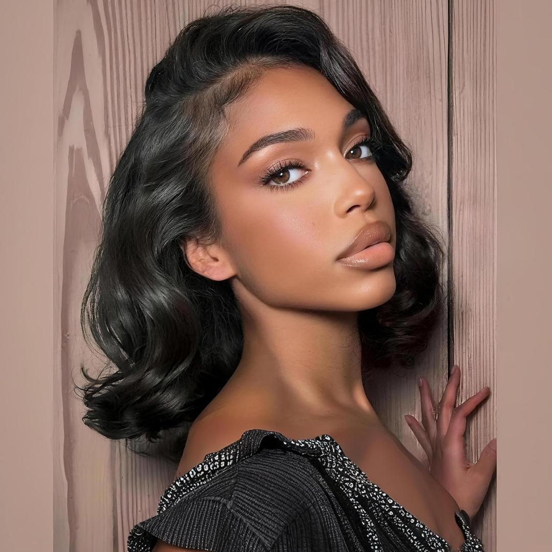 SOKU Short Wavy 13x6 Lace Front Synthetic Wigs for Black Women Bouncy Layered Curls 12 Inch Natural Black Pre Plucked Loose Wave Wig Glueless Ready to Wear
