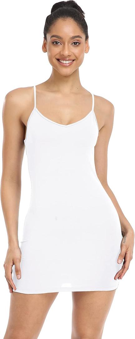 Qaffier Full Slips Dress for Women Adjustable Spaghetti Strap V Neck Under Dress Camisole Mini Slip Dress (Medium, White)