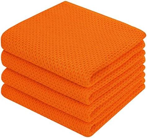 Homaxy 100% Cotton Waffle Weave Kitchen Dish Towels, Ultra Soft Absorbent Quick Drying Cleaning Towel, 13 x 28 Inches, 4-Pack, Orange