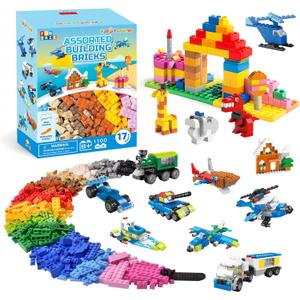 FUN LITTLE TOYS 1100 PCS Building Blocks for Kids 6-12, Creative Bulk Building Bricks Set for Open-Ended Play, 147 Shapes 17 Colors, Value Pack Compatible with Standard Baseplates