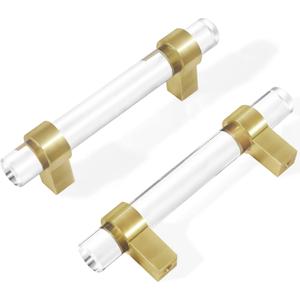 Clear Glass Crystal Gold Drawer Pulls 3 Inch, Brushed Brass Cabinet Pulls Drawer Handles (76mm, 10 Pack)