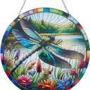 CREATCABIN Stained Windows Hanging Suncatcher Retro Dragonfly Hanging Ornament Round Acrylic Panel Sun Catcher with Iron Chain and Jump Rings Summer Home Decor Gift for Family Friends 7.9x7.9 Inch
