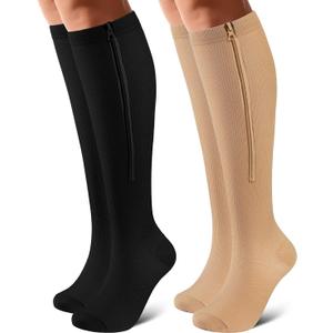 Zipper Compression Socks Close Toe 2 Pairs for Women&Men 15-20mmHg Knee High Support Socks for Running Cycling (Large-X-Large)