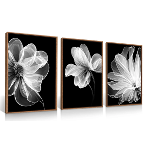 Black and White Wall Art Canvas Prints,Large Framed Flowers Art Painting Bathroom Bedroom Abstract Artwork Wall Decor Set of 3 (16x24 Inch)