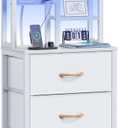 Furnulem Tall Nightstand with LED Lights and 3 Tier Shelves, Night Stand with 3 Fabric Drawers, 45.3inch Tall Bedside Tables with USB Ports and Outlets in Bedroom, Dorm, Office (White)