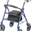 Drive Medical 10257BL-1 4 Wheel Rollator Walker With Seat, Steel Rolling Walker, Height Adjustable, 7.5" Wheels, Removable Back Support, 300 Pound Weight Capacity, Blue