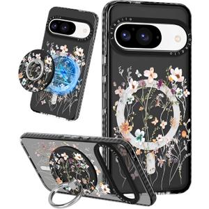 Lotadilo Cute for Google Pixel 9 Pro/9 Case - Compatible with Magsafe Magnetic Ring Holder Stand Kickstand for Women Girls Girly Funny Fashion TPU Phone Case, Dried Flower