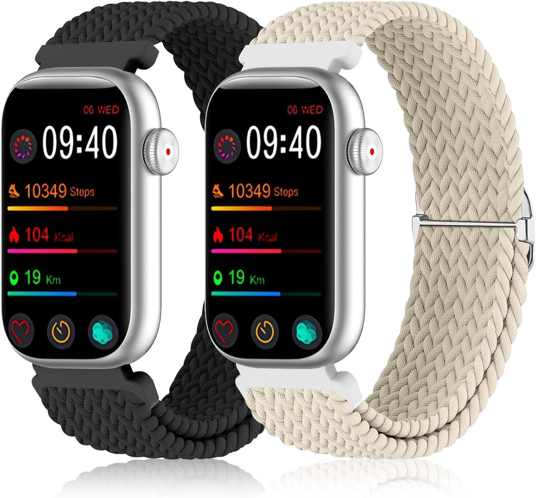 2 Pack Stretchy 16mm Braided Nylon Bands Compatible with FITVII HM08/MorePro HM08/Amzhero-Runfit D26/KALINCO Slim Fitness Tracker (Black+Starlight)