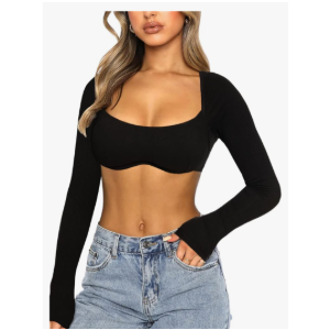 Navneet Women Long Sleeve Crop Tops Sexy Going Out Top Ribbed Corset Tops Square Neck Club Party Fall Tee Shirts.Size XS.