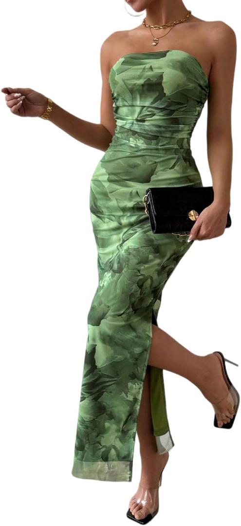 LIGHT DOT Women's Summer Dress Printed Strapless Tube Bodycon Maxi Side Slit Mesh Layered (Medium, Olive Green)