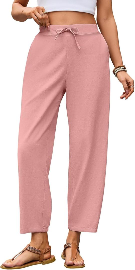 Puimentiua Womens Linen Pants Summer Lightweight Breathable Elastic Waist Drawstring Beach Vacation Pants with Pockets, L