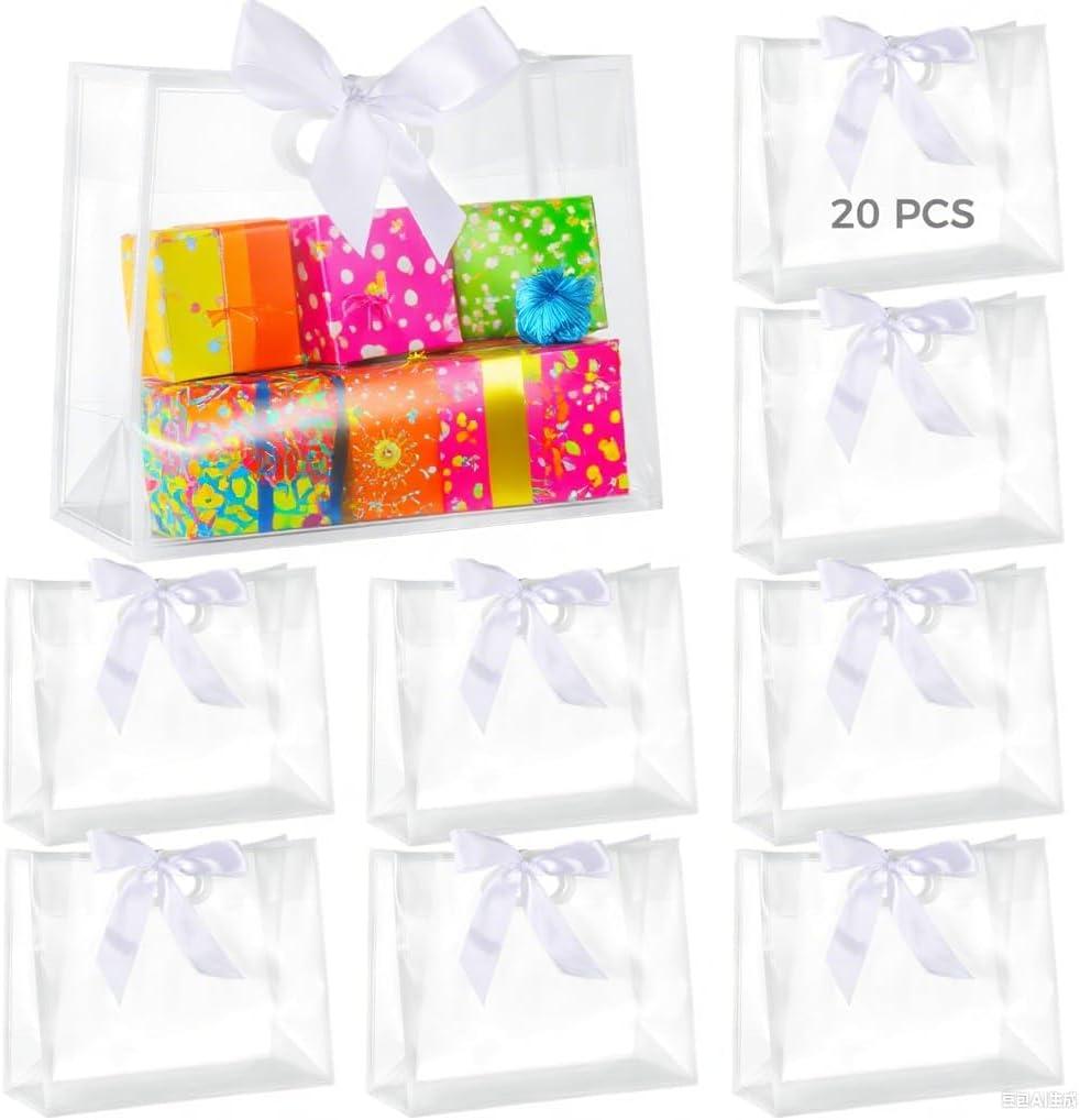 20 PCS Clear Plastic Gift Bags with Handles, 12 x 10 x 15 Inches Large Transparent PP Frosted Bags with Ribbon, Reusable Tote Bag for Party Favor, Baby Shower, Graduation, Wedding, Birthday