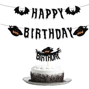 3 x Halloween Birthday Banner and Cake Hat, Halloween Horror Theme Birthday Party Decorations Supplies, Black Glittery Horror Banner Used for Party Decorations