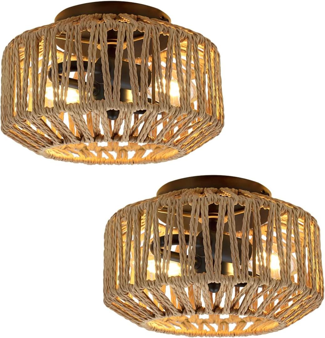 2 Pack Boho Ceiling Light Fixture,2-Light Hand-Woven Rattan Flush Mount Ceiling Light,Farmhouse Boho Style for Kitchen Bathroom Foyer Hallway Bedroom Living Room Entryway etc
