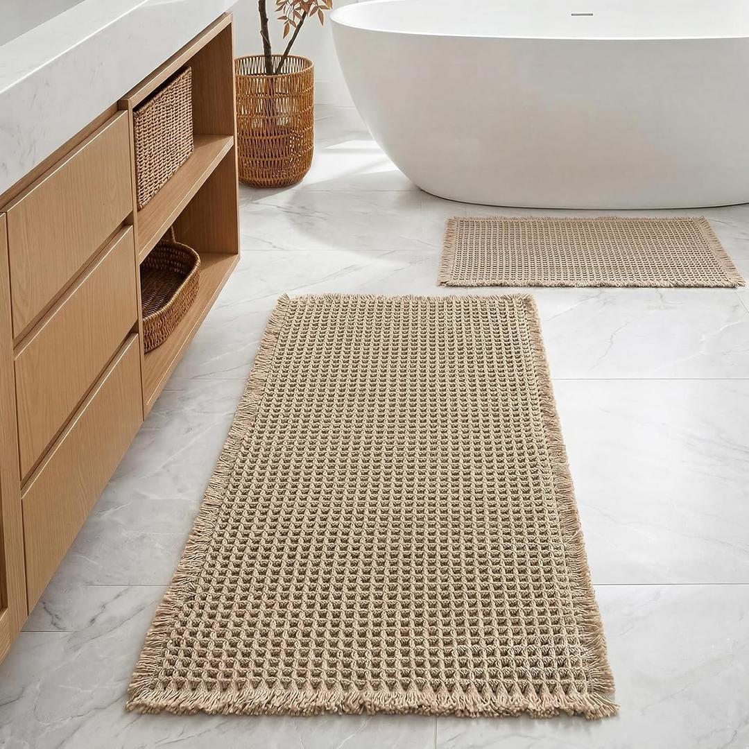 Furicher Large Waffle Bath Mat Set, Non Slip Bath Rug Set, Ultra Absorbent Bath Mats for Bathroom Decor, Extra Soft Floor Kitchen Rugs Sets 2 Piece, Washable Bath Runner Rug, Brown, 20"47" & 16"24"