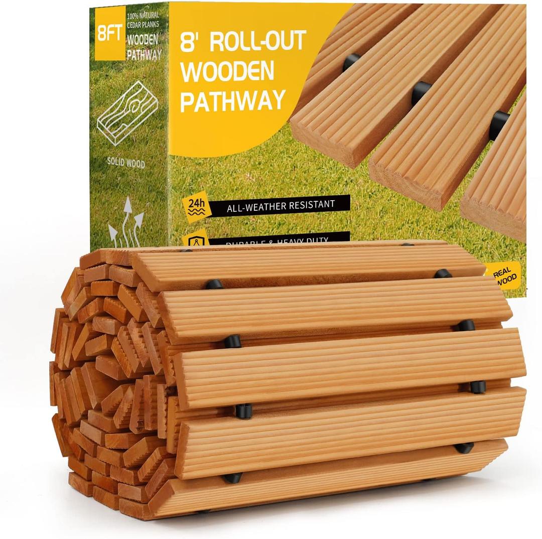 8FT Wooden Garden Pathway, Roll Out Wooden Pathway Weather-Resistant Walkway for Outdoor Patios 17" W Roll Out Hardwood Walkway with Non-Slip Surface Wedding Party Pathways (Straight)