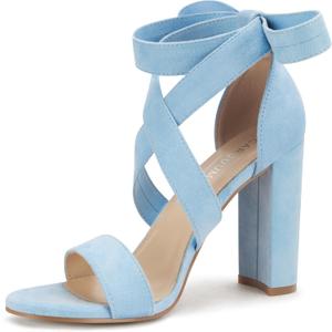 Strappy Heels for Women Chunky Heels High Heeled Sandals with Lace Up Fahsion Casual Nude Block Heel Sandals, Ellery-LIGHT BLUE-7