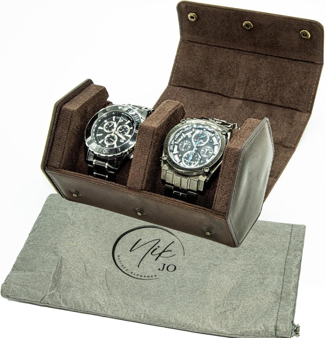 Leather Watch Roll Travel Case for Men, Hexagonal 2 Watch Travel Case For Men With Soft and Removable Pillows for Wristwatches & Smart Watches - Watch Case Travel, Brown