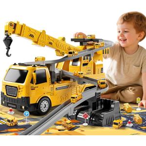 Construction Truck Crane Track Toy for Kids 3 4 5 6 7 8 Years Old, Engineering Excavator Vehicle Race Track with 8 Small Cars, Sound and Light, Boy Toys, Gifts for Toddlers Boy Girl Ages 3-5