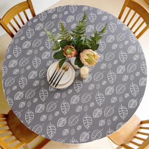 Round Vinyl Fitted Tablecloth, Fits 36" Round Tables,Waterproof No-Wash Wipeable Easy Clean,Flannel Backed Elastic Edge,Gray Leaf Print Cover for Dining,Kitchen,Indoor Outdoor Use