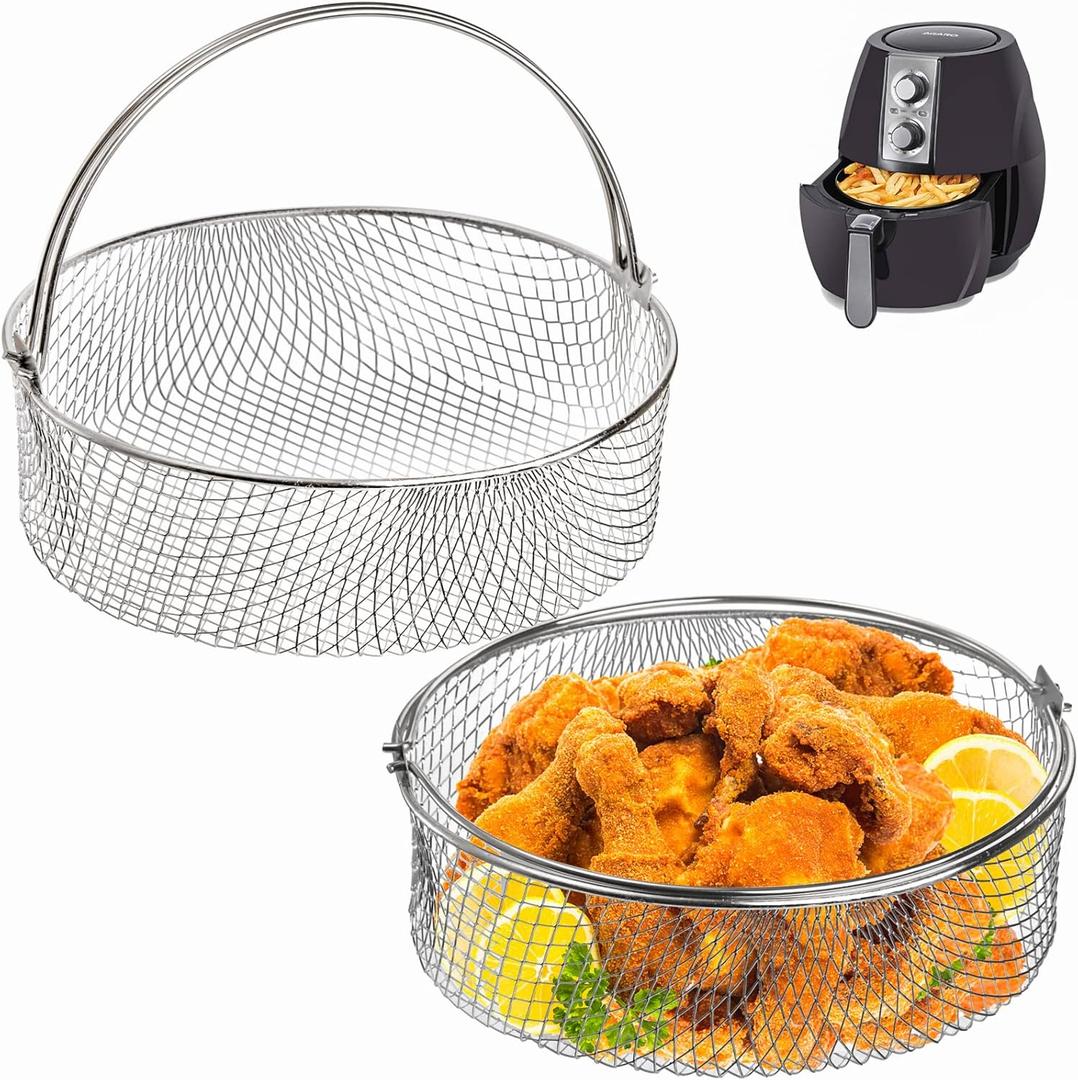 Elsjoy 2 Pack Air Fryer Baskets, 8 Inch Air Fryer Replacement Accessory Mesh Basket with Handle, 18/8 Stainless Steel Steamer Basket for Instant Pot, Oven, Steamer