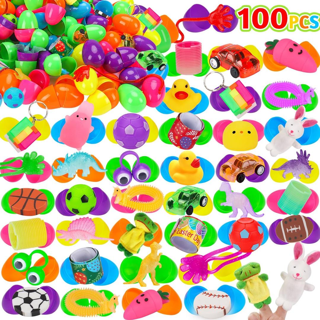 100PCS Prefilled Easter Eggs with Toys Easter Basket Stuffers Fillers For Kids Toddler Boys Girls Plastic Stuffed Easter Eggs Fillable Small Toys Bulk for Egg Hunt Supplies Pinata Game Party Favors
