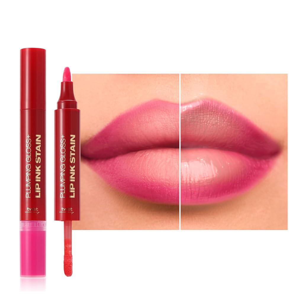 Pink Dual-Ended Liquid Watercolor Lip Liner & Hydrating Tinted Lip Oil, Highly Pigmented Long Lasting Lip marker pen, Smudge Proof Natural Finish, Precise Chisel Tip Marker 01#
