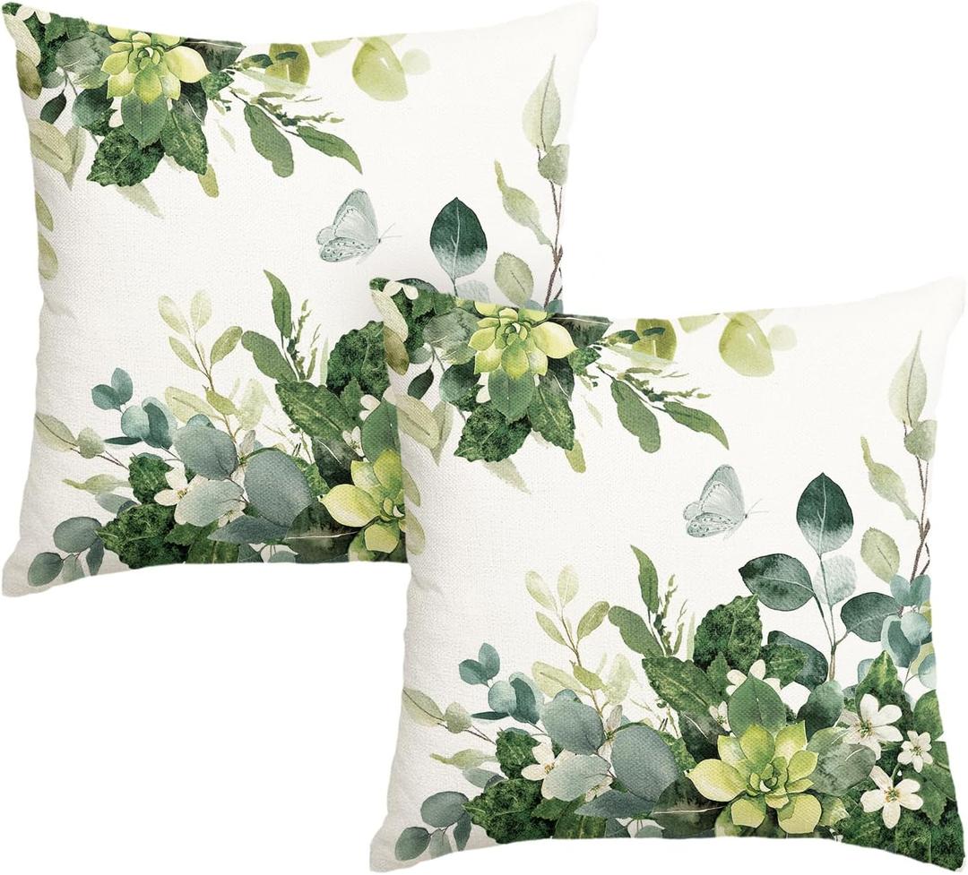AVOIN colorlife Home Sweet Home Eucalyptus Leaves Spring Throw Pillow Cover Set of 2, 18 x 18 Inch Seasonal Floral Cushion Case Decoration for Home Sofa Couch