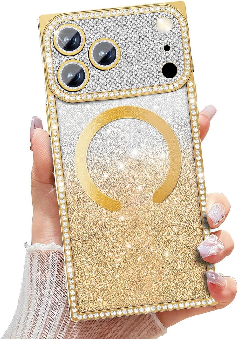 Misscase Magnetic Glitter Case for iPhone 17 Pro Max 6.9 Inch, Camera Protection, Compatible with MagSafe, Rectangle Cute Bling Sparkle Diamond Colorful Phone Cover, Drop-Tested & Shockproof-Gold