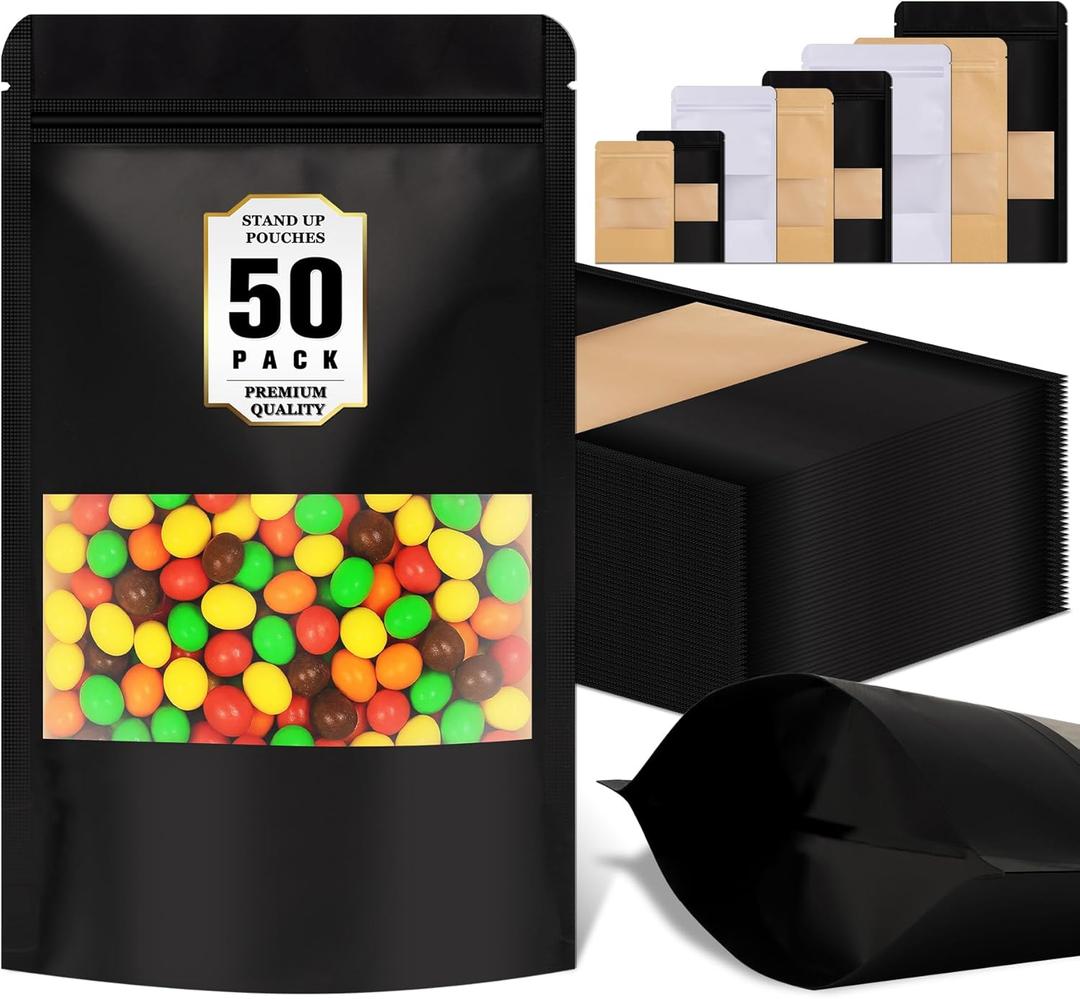 50 Pcs Smell Proof Bag, Reusable Snack Bags with Frosted Clear Window, Resealable Bags Various Sizes, Small Treat Bag, Stand Up Pouches for Candy, Nuts, Spice, Sample, Product, Trail Mix (4x6in (10x15cm), Black)