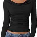 QINSEN Women Cowl Neck Long Sleeve T Shirts Double Lined Tight Fitted Crop Top (X-Large, Black)