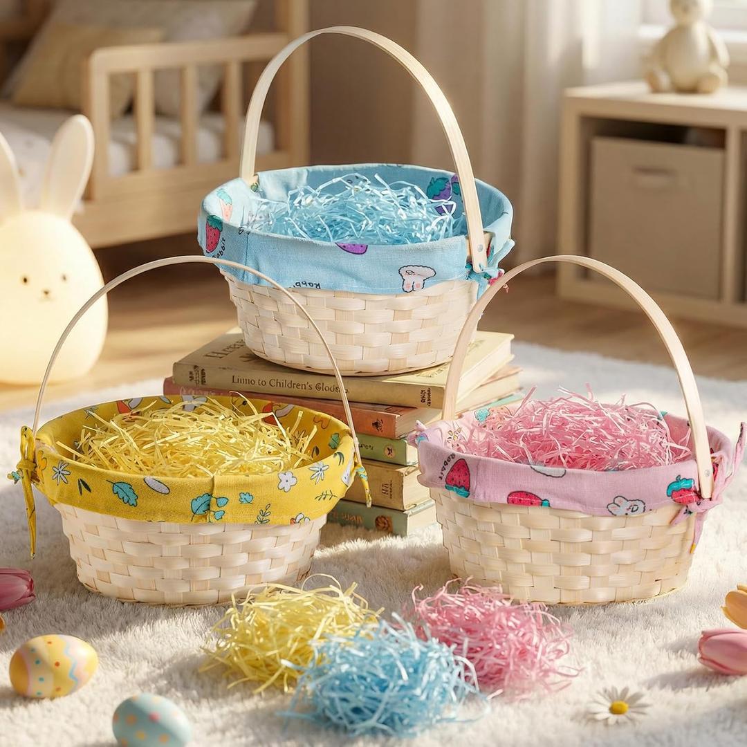 Lanpn Natural Bamboo Easter Basket 3PCS with Removable Bunny Fabric Liner and Raffia Grass for Egg Hunt Candy Picnic Seasonal Decoration (Yellow Pink Blue) (Natural Wood Color)