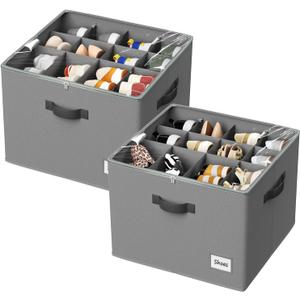 PHINOX Shoe Organizer for Closet, 2 Pack Fabric Shoe Organizer Storage Box, Shoe Storage Containers with Clear Cover, Closet Shoe Storage for Boots Sandals Slippers,Fits 16-32 Pairs, Gray