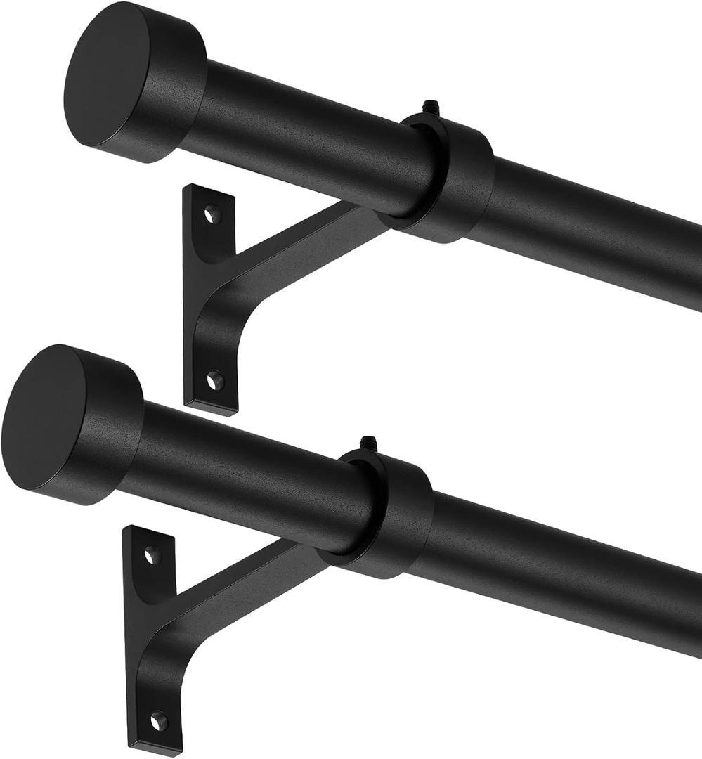 2-Pack Curtain Rod for Windows 16-28", Adjustable Window Curtain Rods with Premium Aluminum End Cap Finials and Full Surround Brackets, 7/ 8"(0.073Feet) Diameter, Matte Black Drapery Rods for Curtains