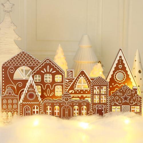 Rossesay Christmas Gingerbread House Tabletop Decorations with Light Wooden Christmas Village Centerpieces Gingerbread Xmas Decor for Table Farmhouse Rustic Xmas Decoration with Base