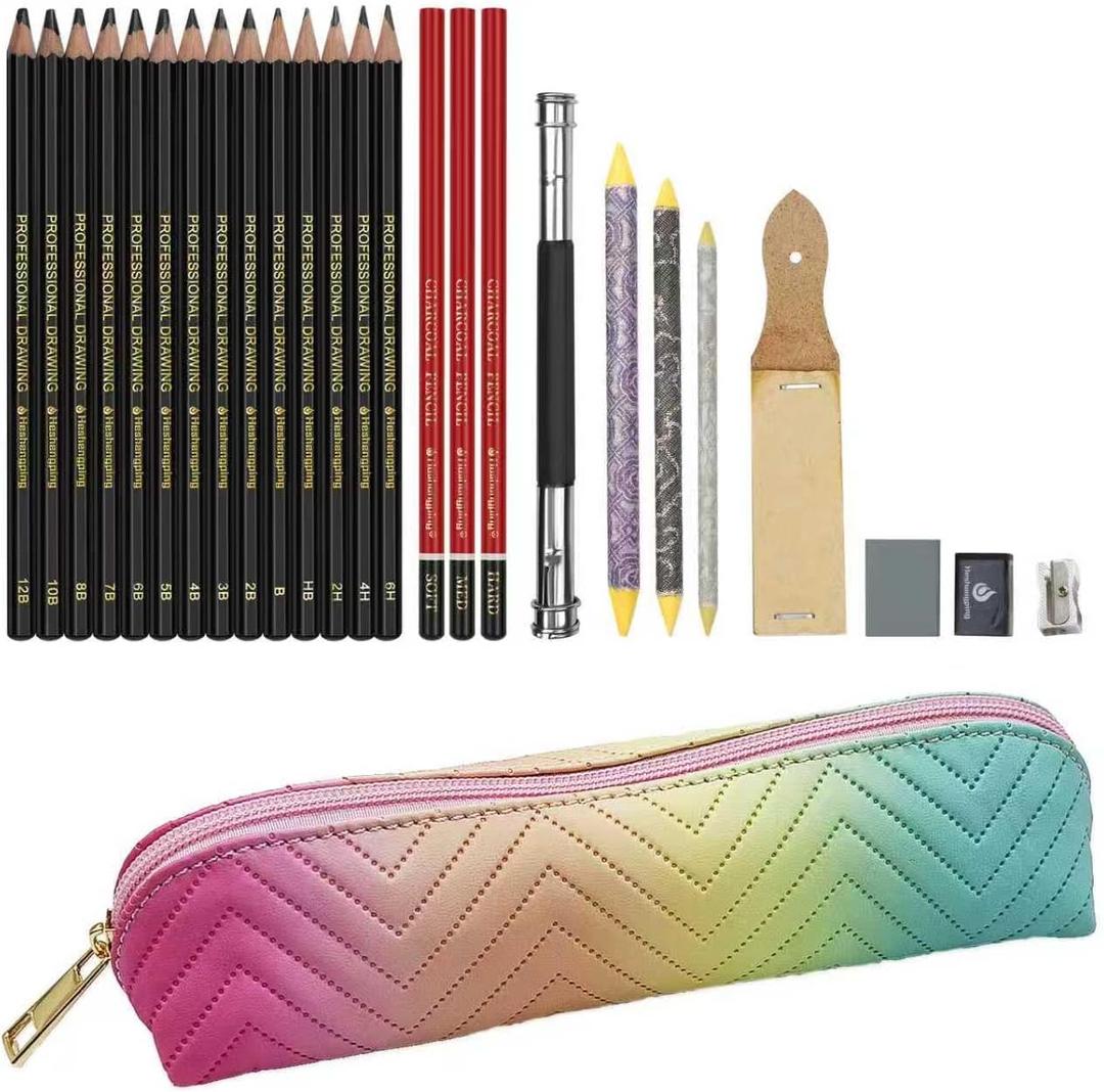 Heshengping 26 Pack Sketching Set Drawing Pencils Kit Art Supplies Include Graphite Charcoal Professional Pencils Set Cute Portable case for Artists Adults Beginners Artist