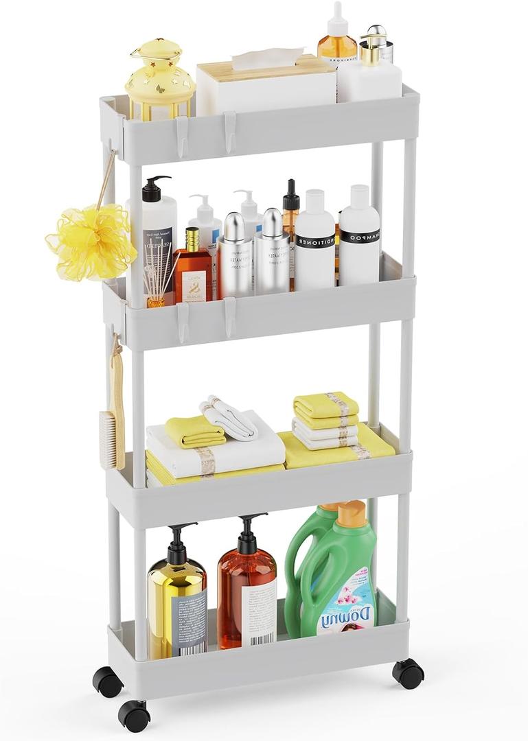 LEHOM 5.1" Slim Storage Cart - 4 Tiers Bathroom Organizer Mobile Shelving Unit Storage Rolling Utility Cart Slide Out Organizer for Kitchen Bathroom Laundry Narrow Places, White