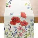 Spring Red Poppy Table Runner 13x72 Inch Purple Pink Wildflower Summer Kitchen Dining Table Decoration for Indoor Outdoor Home Party Dcor