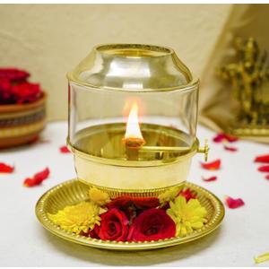 Pure Brass Akhand Jyot Diya with Glass Cover and Attached Plate  48-Hour Long Burning Oil Lamp for Puja, Aarti, Temple, Meditation  250ml Capacity, Adjustable Wick, Gold Finish Mandir Decor - Medium