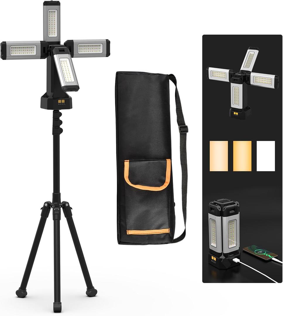 Upgraded Aluminum13200mAh Rechargeable Work Light with 78in Height Folding Stand and Carrying Bag, 8000 Lumen Cordless Camping Light, White/Warm/Nature White(Standard)