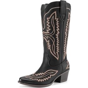 Athlefit Women's Square Toe Cowboy Cowgirl Boots Low Chunky Heel Embroidery Western Mid Calf Boots for Country Concerts (9, Black)