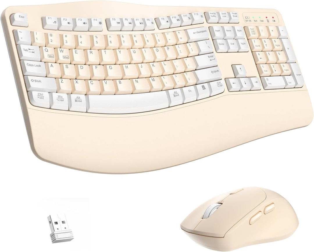 Ergonomic Wireless Keyboard and Mouse Combo, Wave Keys Keyboard with Wrist Rest for Natural Typing, 3 DPI Adjustable Ergonomic Silent Mouse for Computer/Laptop/Windows/Mac (Latte Color-A)