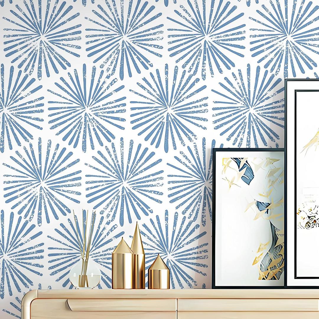 Safiyya 393"x17.3" Peel and Stick Wallpaper Blue and White Contact Paper Geometric Wallpaper Self Adhesive Removable Wallpaper for Bedroom Covering Vinyl Rolls