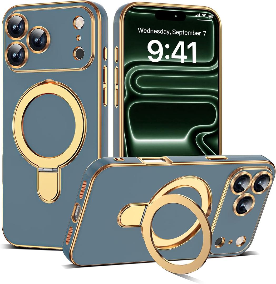 Compatible with iPhone 17 Pro Max Case with Magnetic Ring Stand [Compatible with Mag-Safe] [Full Camera Lens Protector] Soft Plating Phone Case for iPhone 17 Pro Max 6.9", Grey Blue